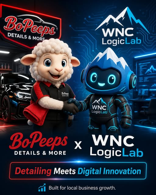 BoPeeps Details and More and WNC LogicLab characters shaking hands, representing their local business technology project.